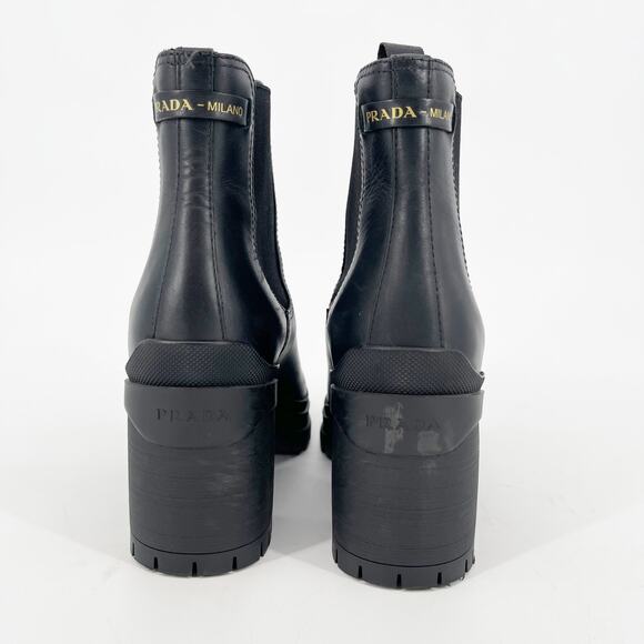 Prada Black Leather Double Gore Lug Sole Block Heel Chelsea Ankle Boot IT 37 - Picture 9 of 16